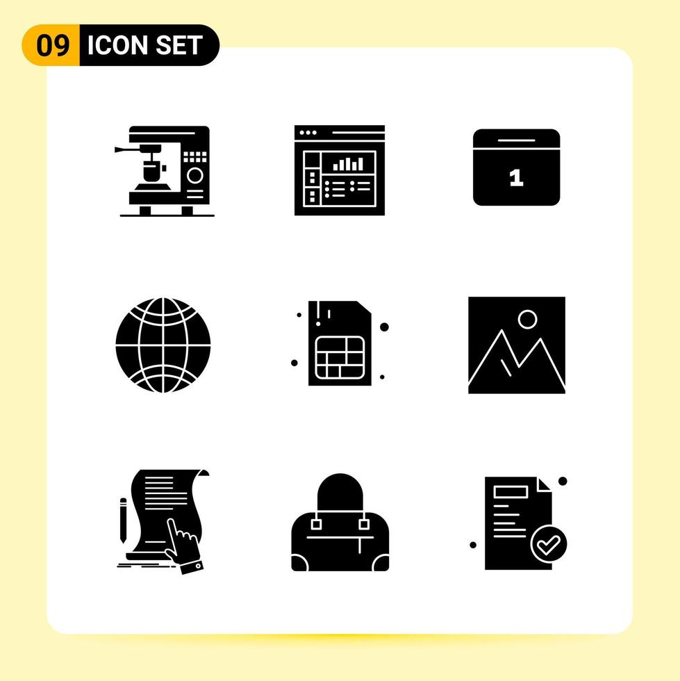 9 icônes créatives pour la conception de sites Web modernes et des applications mobiles réactives 9 signes de symboles de glyphe sur fond blanc 9 pack d'icônes fond de vecteur d'icône noire créative