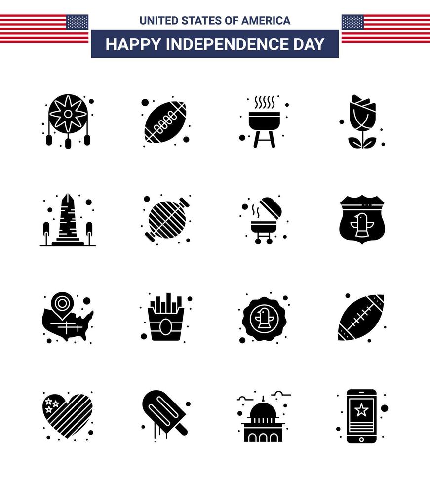 usa independance day solide glyphe ensemble de 16 pictogrammes usa de vue repère barbecue abondamment imérique modifiable usa day vector design elements