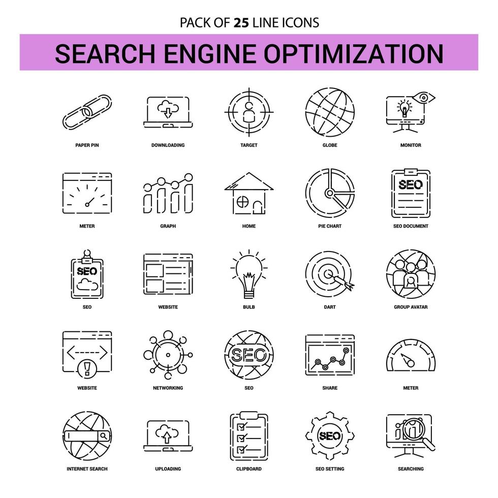 jeu d'icônes de ligne d'optimisation de moteur de recherche 25 style de contour en pointillé vecteur