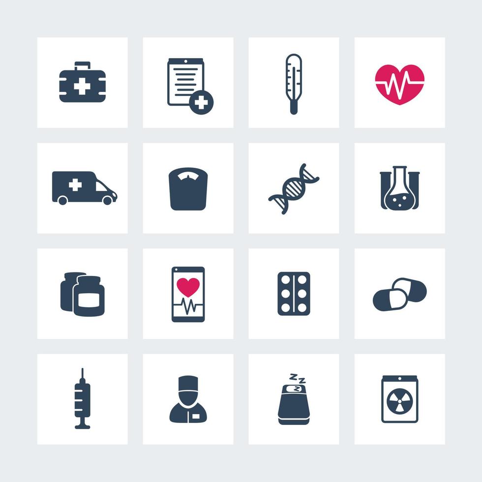 icônes de médecine, soins de santé, ambulance, hôpital, pilules, médicaments, pictogrammes de médecine, icônes plates sur les carrés, illustration vectorielle vecteur