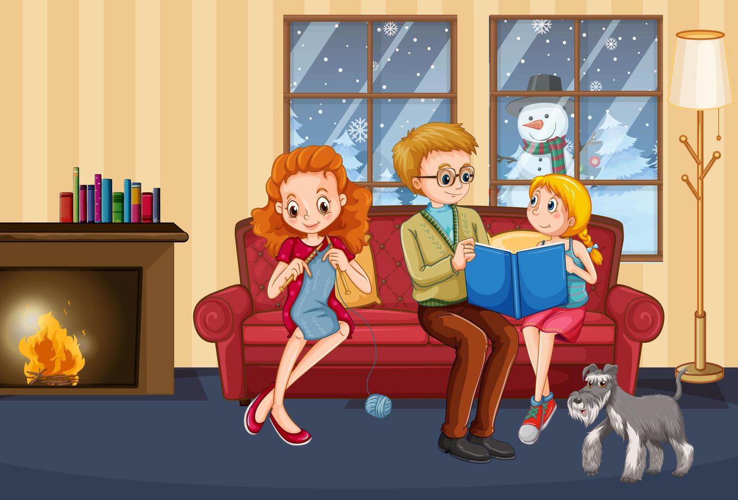 scène avec famille lisant à la maison en hiver vecteur