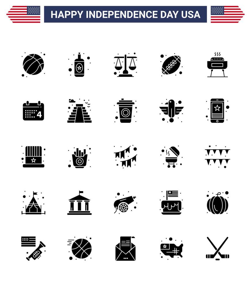 4 juillet usa joyeux jour de l'indépendance icône symboles groupe de 25 glyphe solide moderne de festivité barbecue justice ballon américain rugby modifiable usa day vector design elements