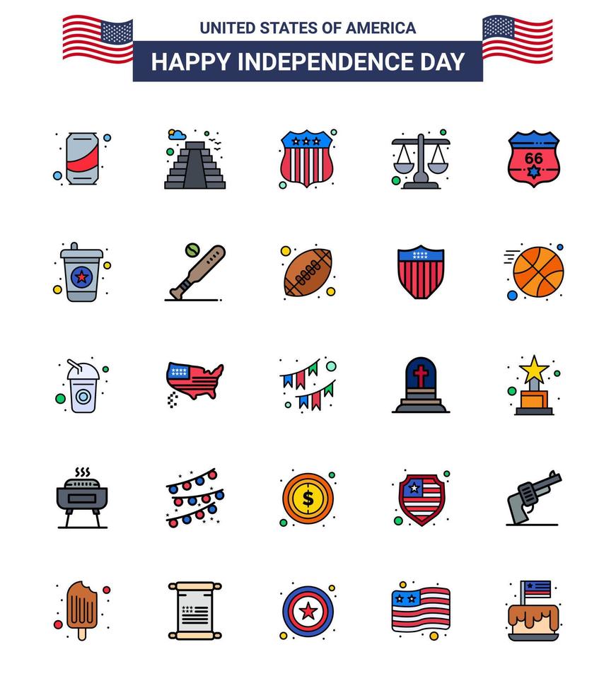 ensemble de 25 icônes de la journée des états-unis symboles américains signes de la fête de l'indépendance pour les états-unis échelle de l'insigne américain justice modifiable éléments de conception vectorielle de la journée des états-unis vecteur