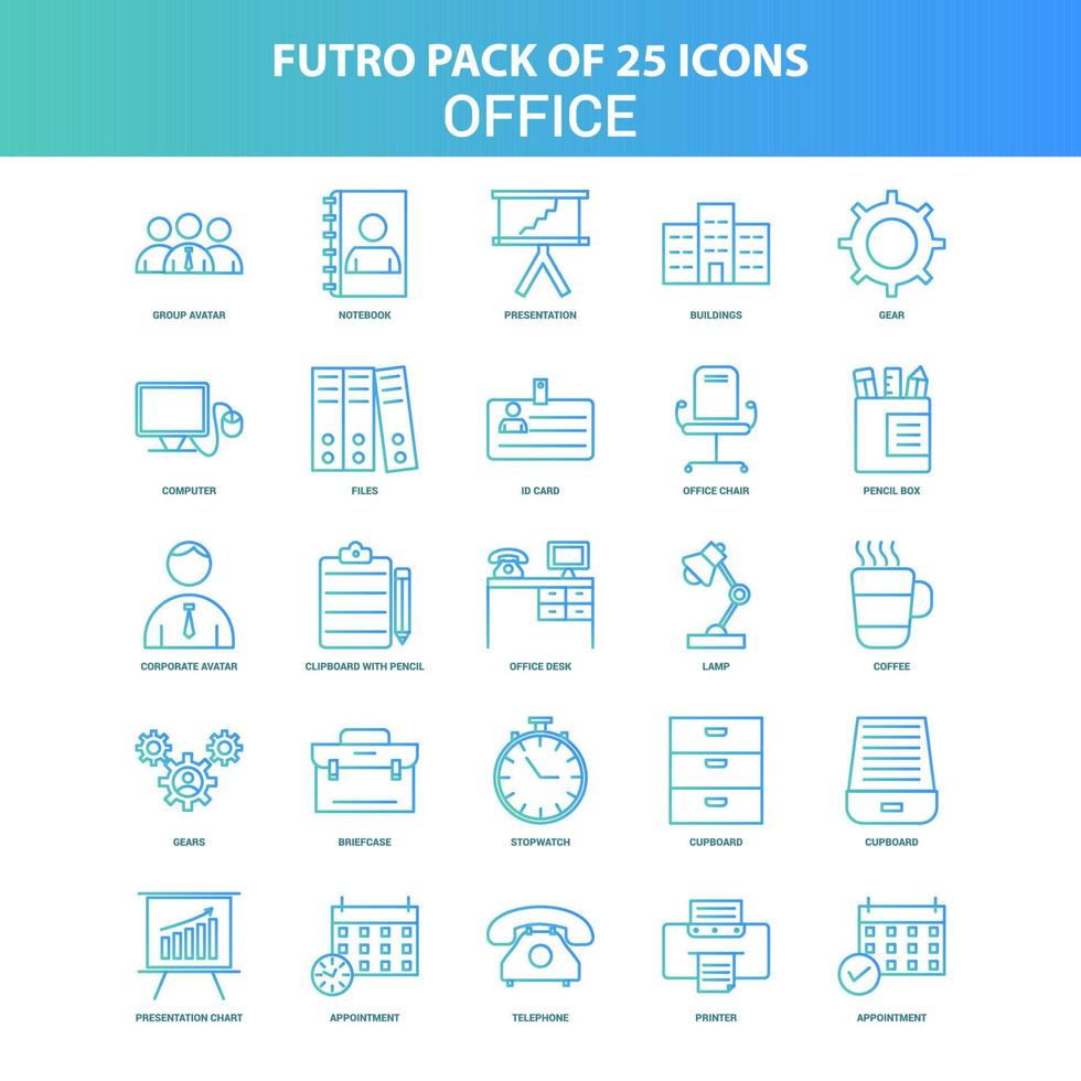 25 pack d'icônes de bureau futuro vert et bleu vecteur