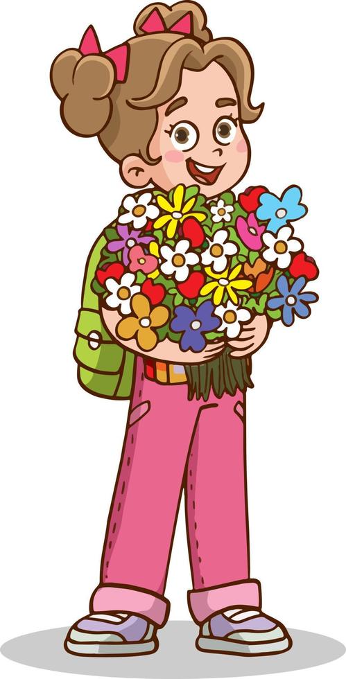 jolie petite fille avec des fleurs dans les bras vecteur
