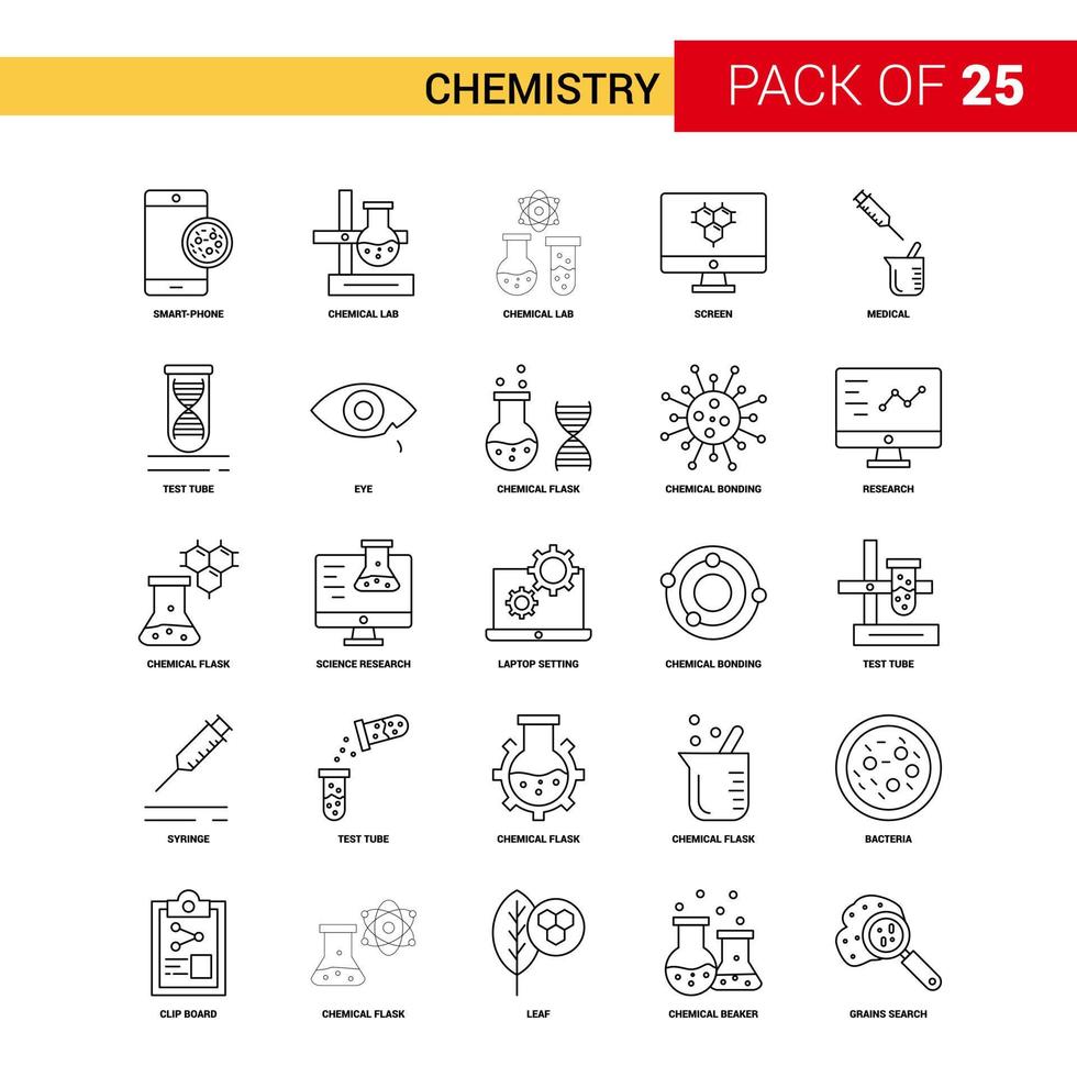 icône de ligne noire de chimie 25 jeu d'icônes de contour d'entreprise vecteur