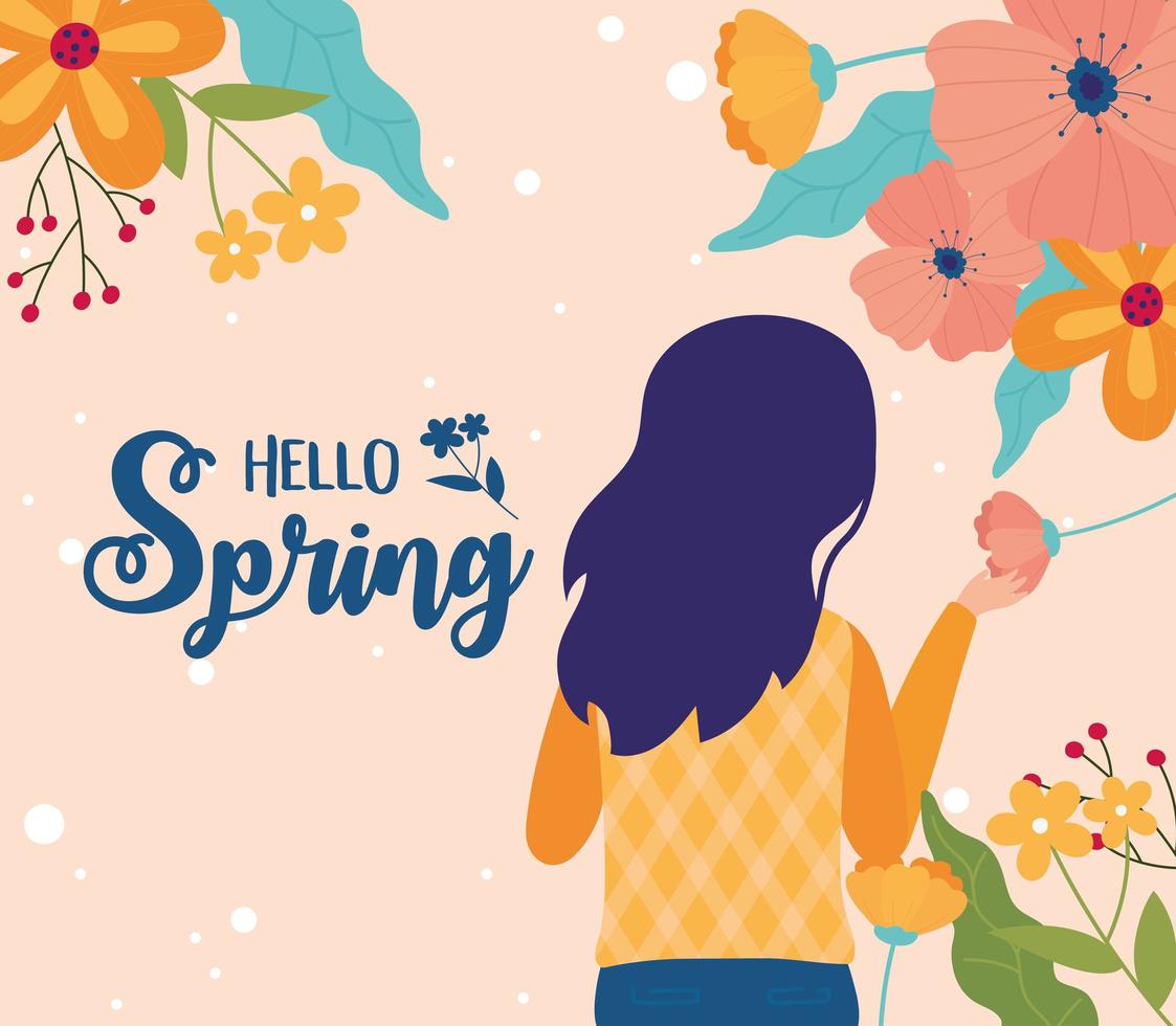 bonjour bannière de célébration de printemps avec femme et fleurs vecteur