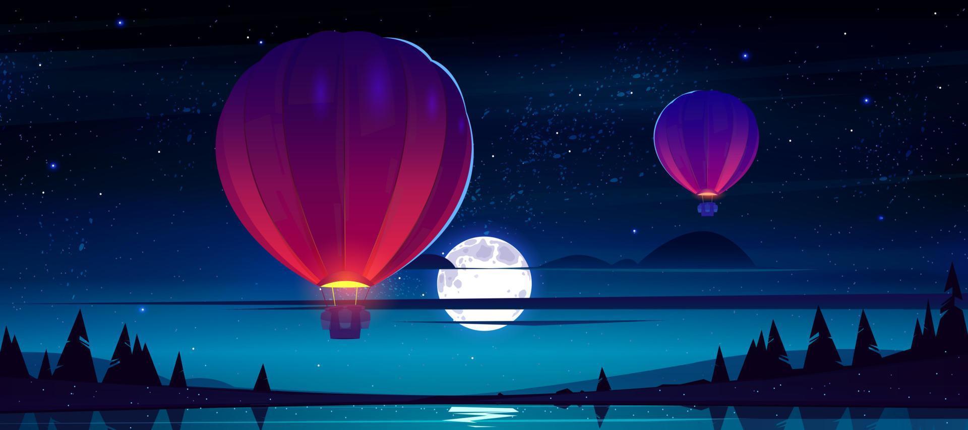 montgolfières volant la nuit ciel étoilé avec la lune vecteur