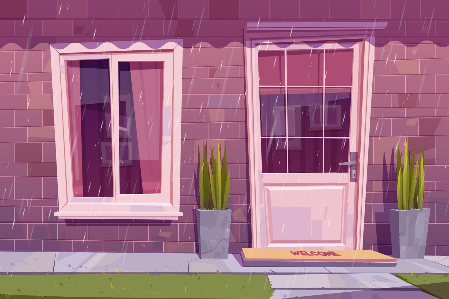 façade de maison avec porte fermée et fenêtre sous la pluie vecteur