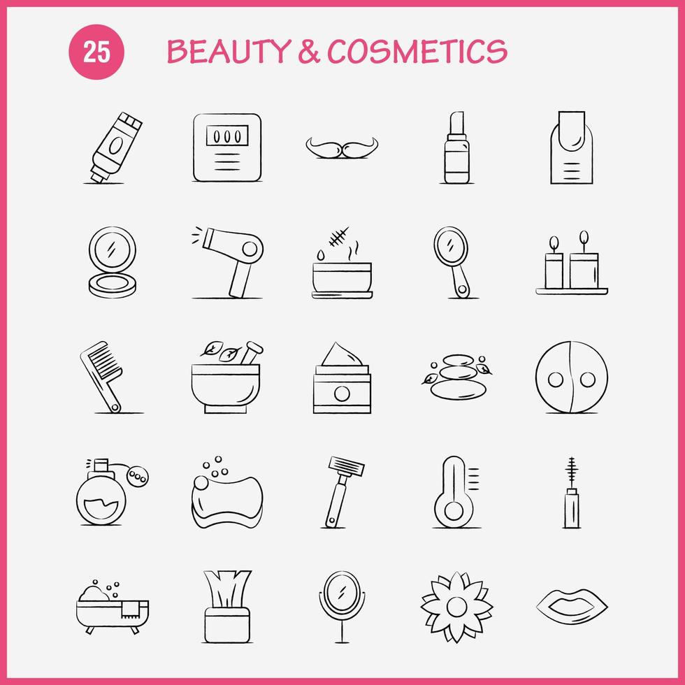 beauté et cosmétiques icônes dessinées à la main pour infographie kit uxui mobile et conception d'impression comprennent beauté cosmétique rouge à lèvres cosmétique mortier navire naturel fleur icône ensemble vecteur