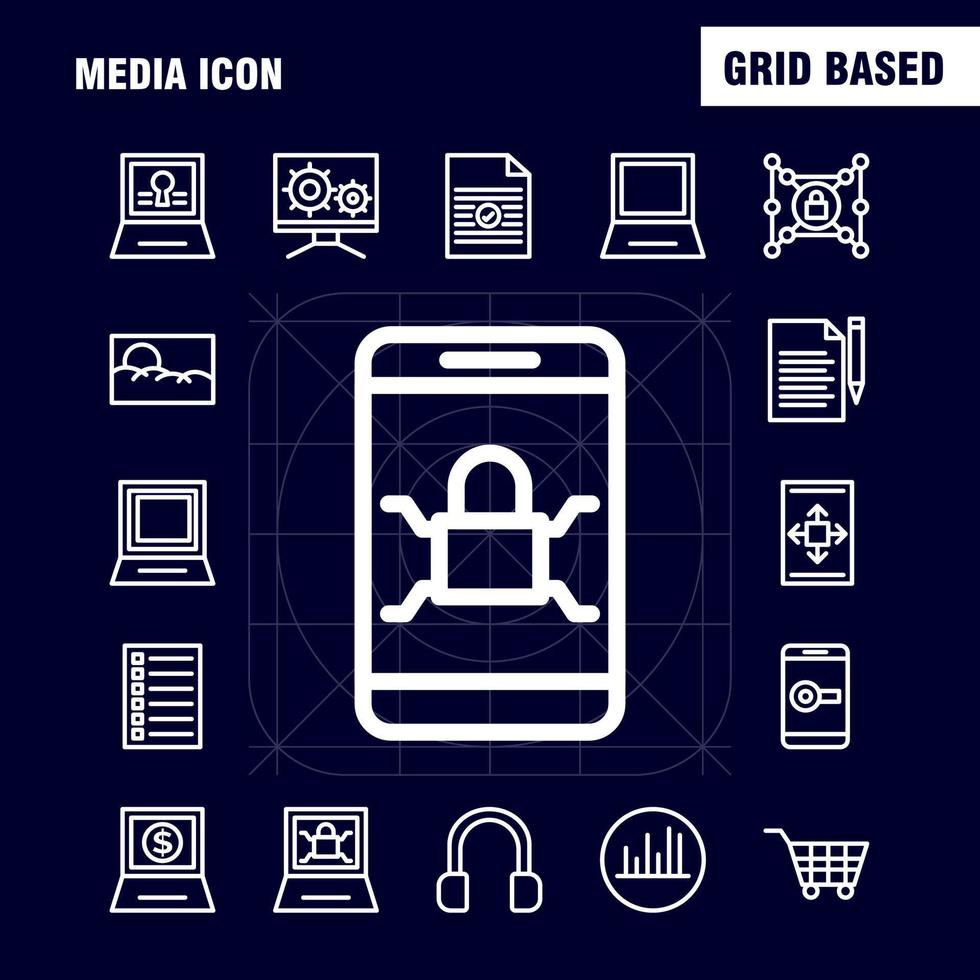 les icônes de ligne d'icônes multimédia sont définies pour l'infographie le kit uxui mobile et la conception d'impression incluent l'outil de lecteur multimédia mobile vecteur