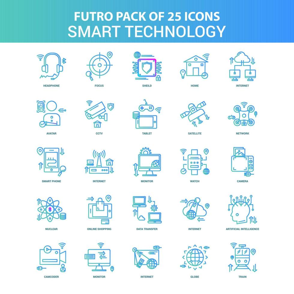 25 pack d'icônes de technologie intelligente futuro vert et bleu vecteur