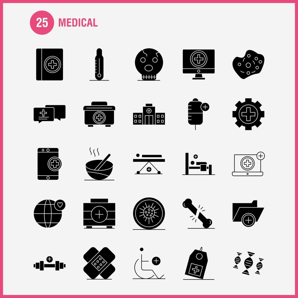 ensemble d'icônes de glyphes solides médicaux pour l'infographie le kit uxui mobile et la conception d'impression incluent un test d'adn laboratoire médical bâtiment médical hôpital plus vecteur eps 10