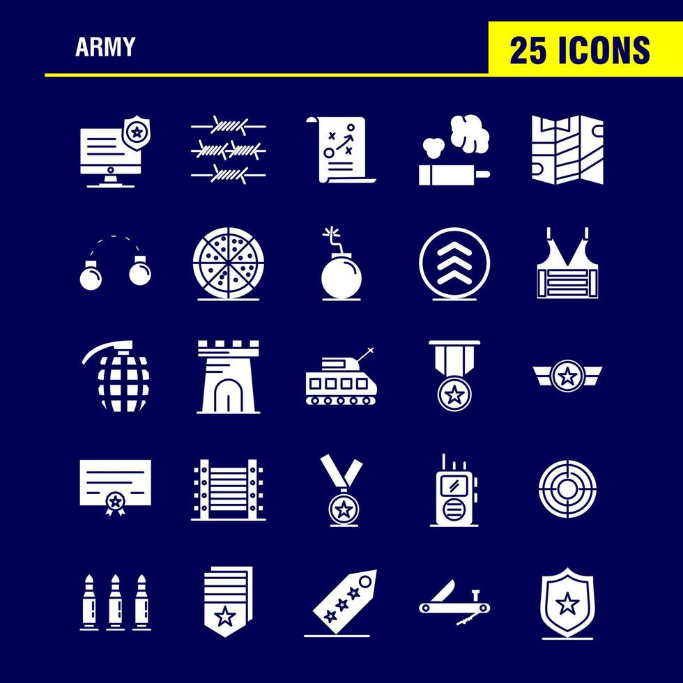 icônes de glyphes solides de l'armée définies pour l'infographie le kit uxui mobile et la conception d'impression incluent la loi d'application des badges de moniteur vecteur