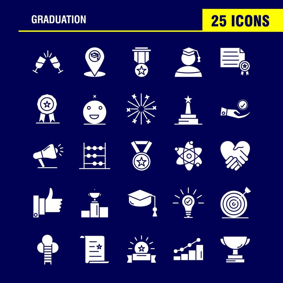 icônes de glyphe solide de graduation définies pour l'infographie le kit uxui mobile et la conception d'impression incluent une boisson en verre soins de santé carte de remise des diplômes emplacement jeu d'icônes de récompense de médaille vecteur