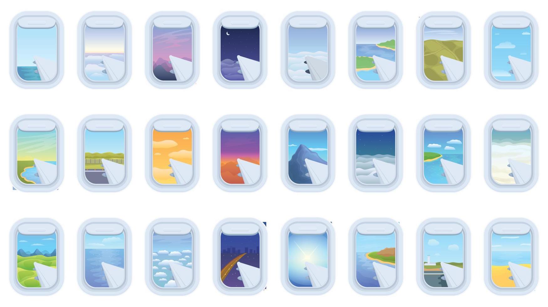 icônes de fenêtre d'avion définies vecteur de dessin animé. vol en avion