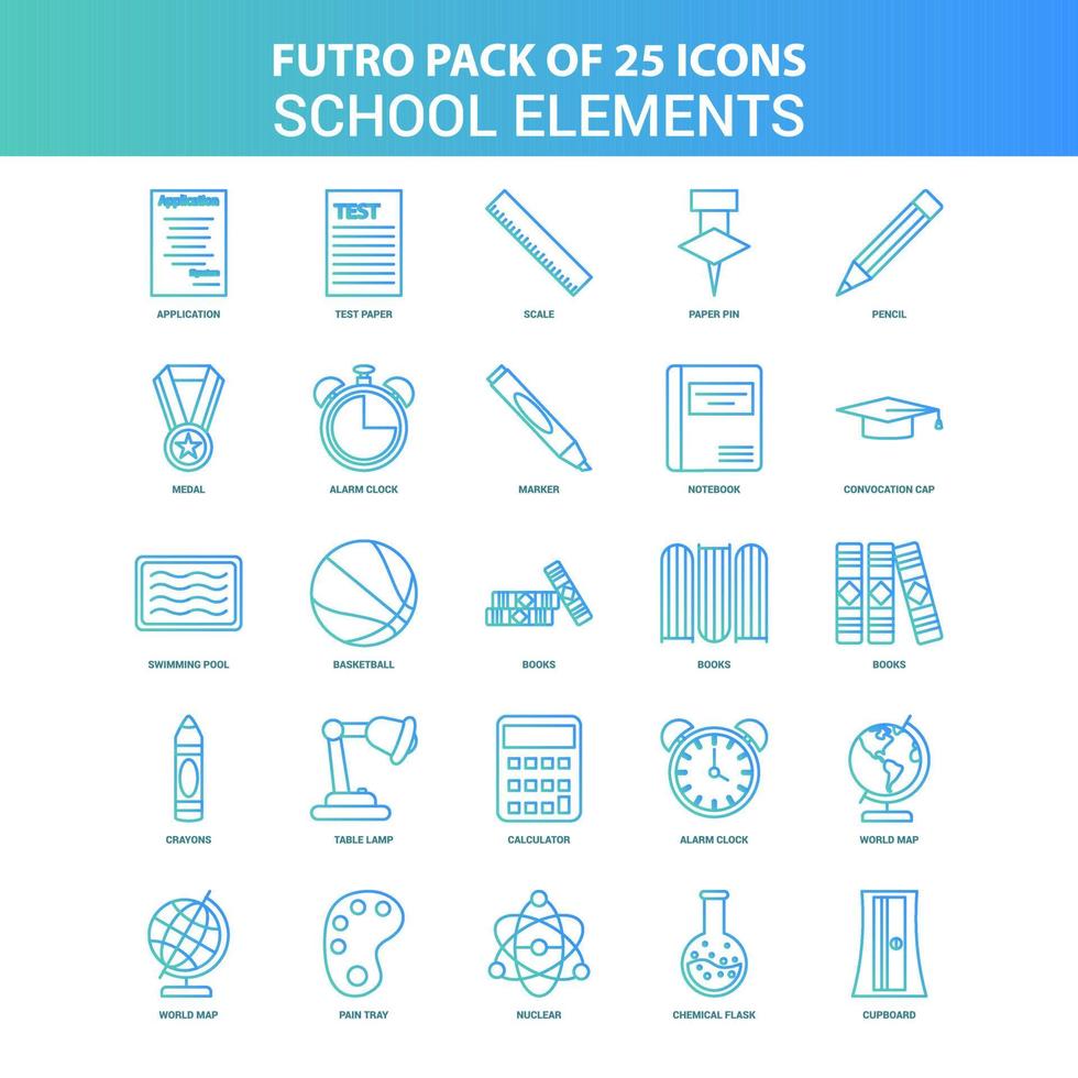 Pack d'icônes de 25 éléments scolaires futuro verts et bleus vecteur
