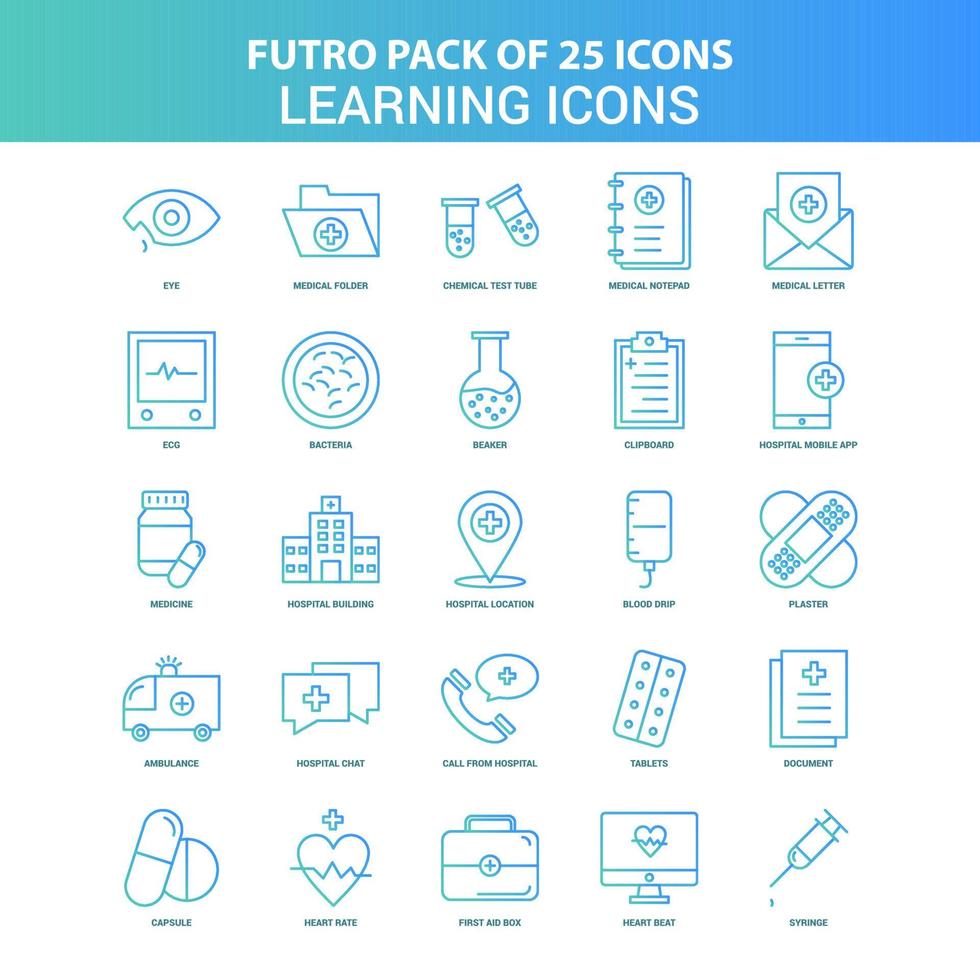pack d'icônes de 25 icônes d'apprentissage futuro vert et bleu vecteur