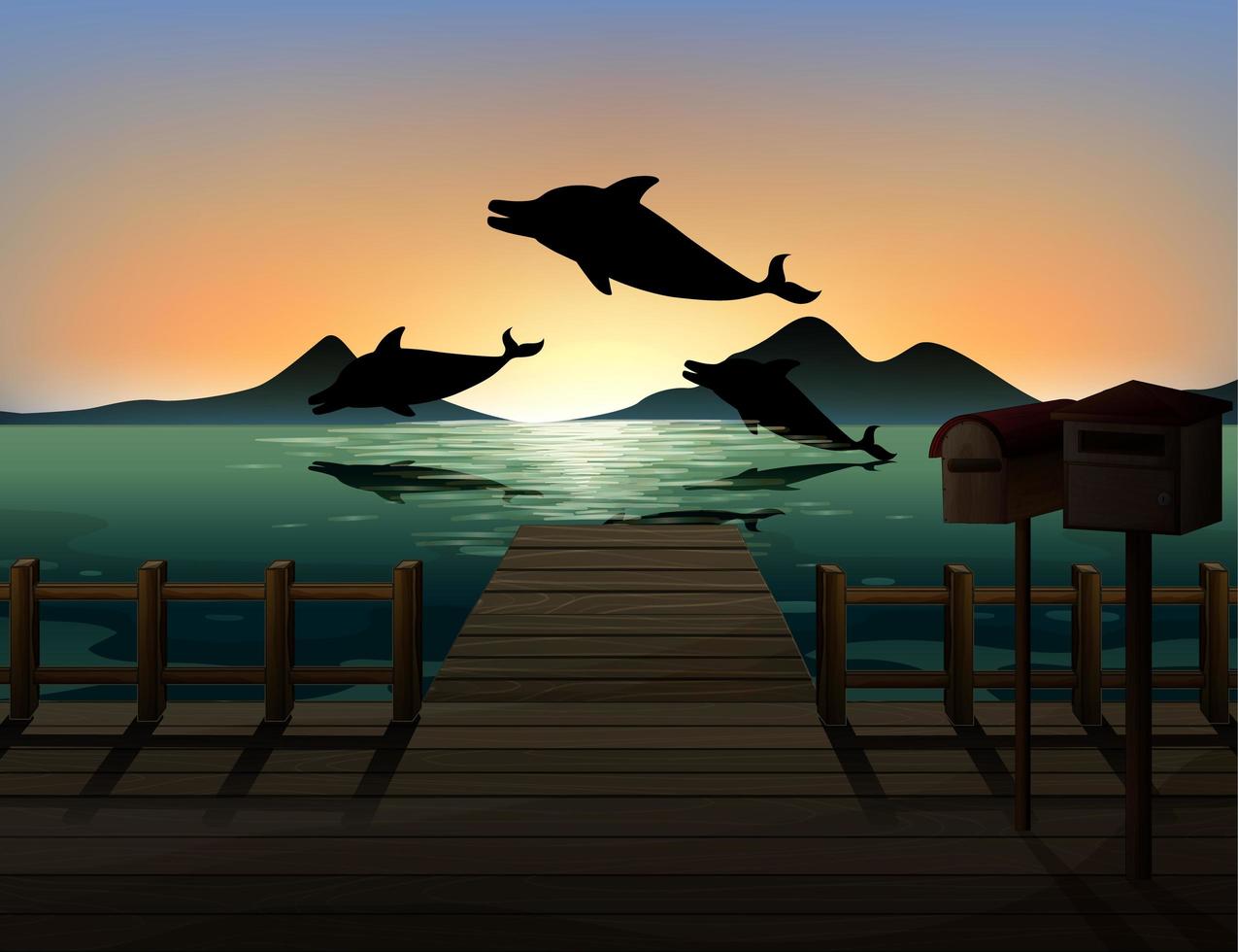 dauphin dans la nature scène silhouette vecteur