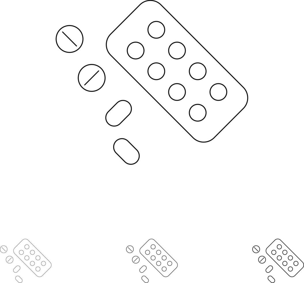 médecine pilule traitement comprimé jeu d'icônes de ligne noire audacieuse et mince vecteur