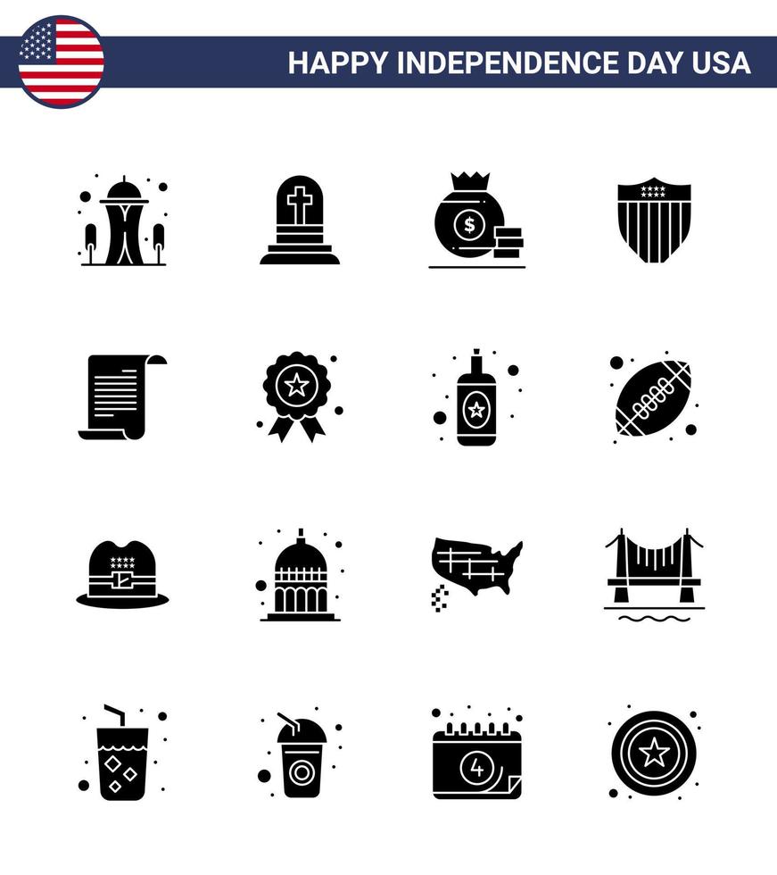 groupe de 16 glyphes solides définis pour le jour de l'indépendance des états-unis d'amérique tels que le texte usa dollar seurity american modifiable usa day vector design elements