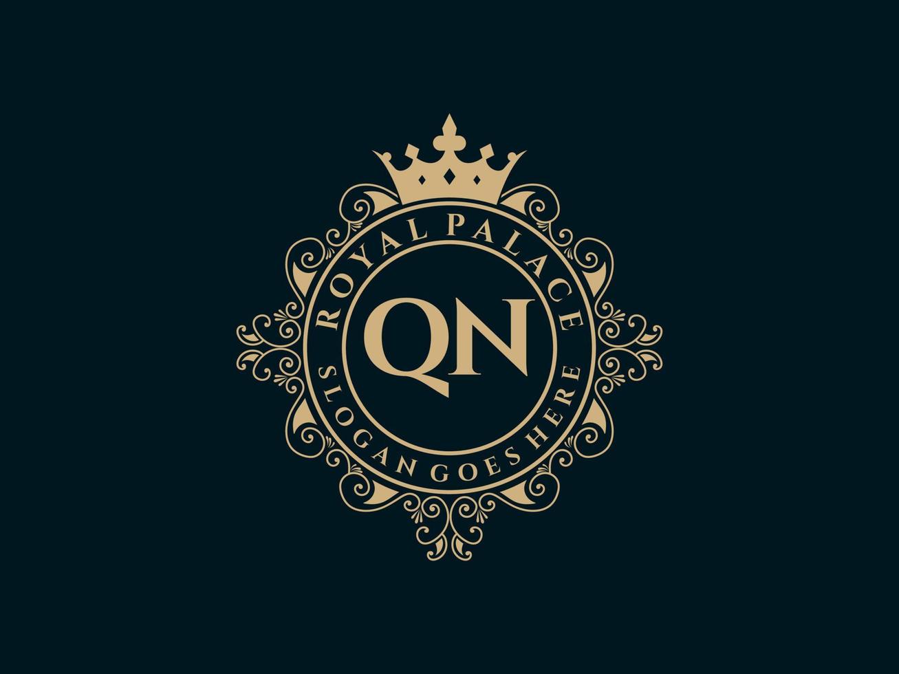 lettre qn logo victorien de luxe royal antique avec cadre ornemental. vecteur