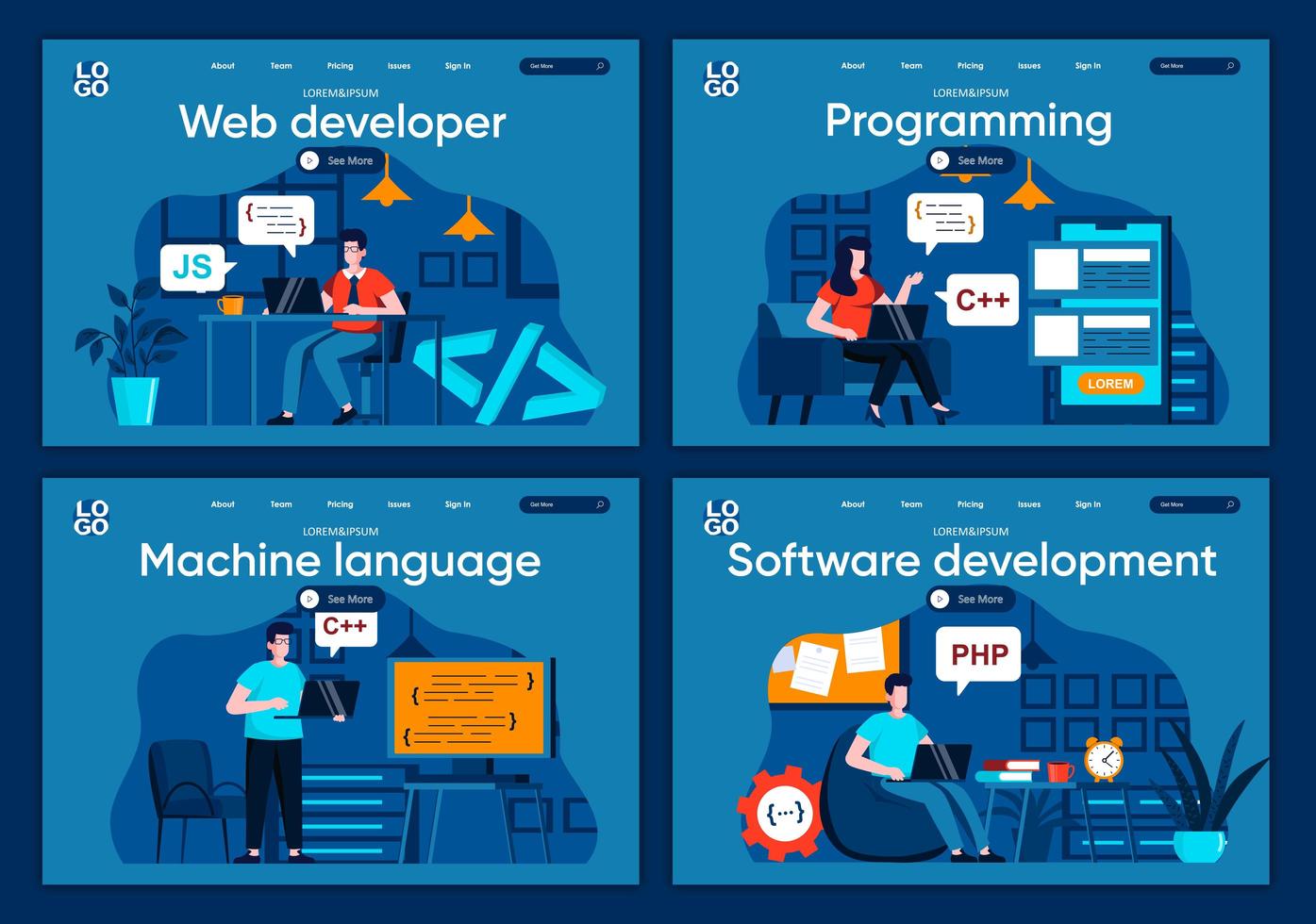 développement de logiciels, ensemble de pages de destination plates vecteur