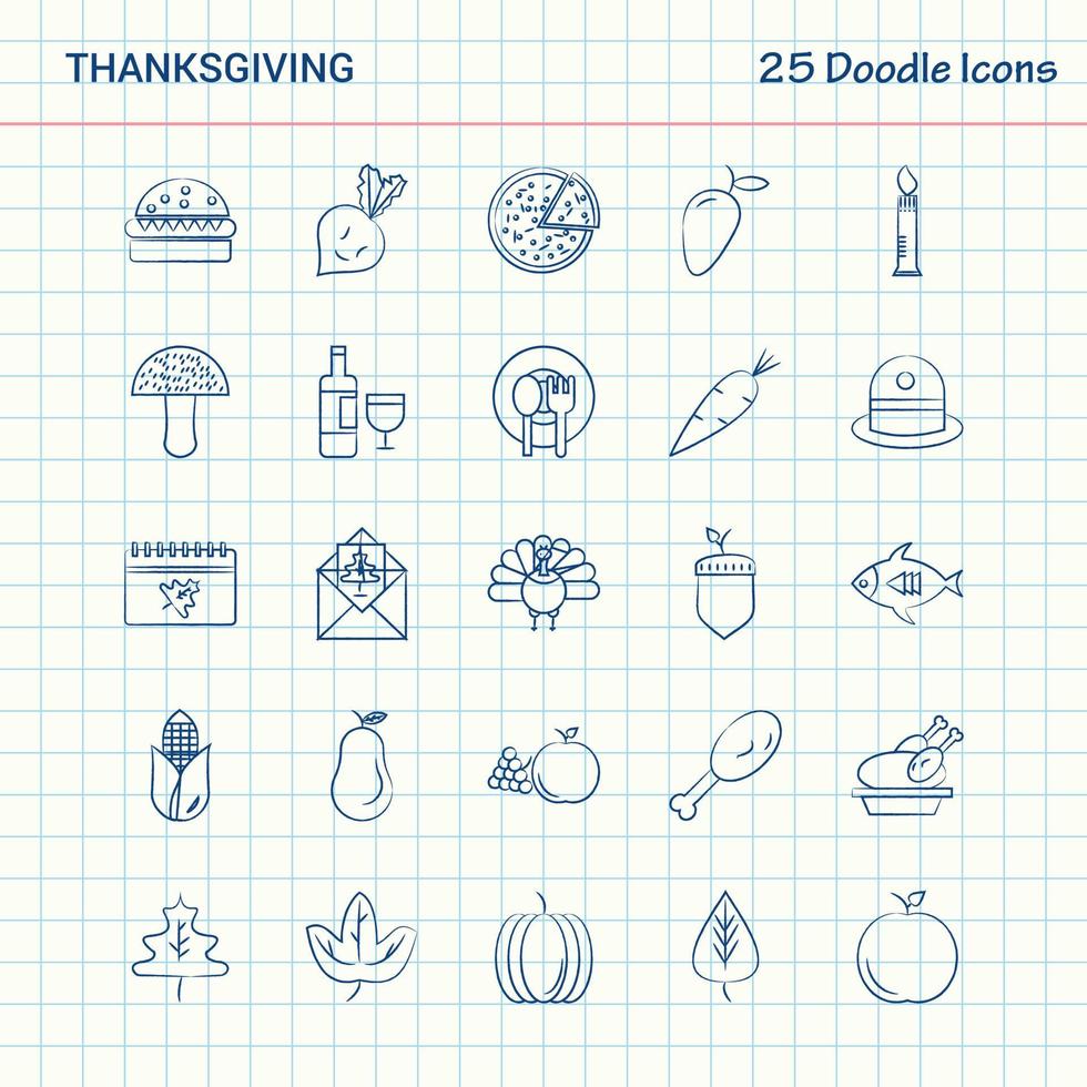 thanksgiving 25 icônes doodle jeu d'icônes d'affaires dessinés à la main vecteur