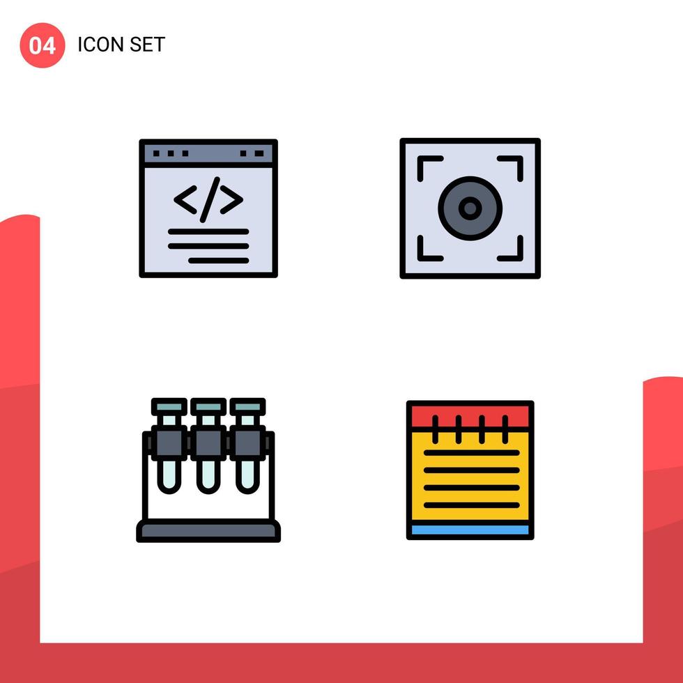 ensemble de pictogrammes de 4 couleurs plates remplies simples d'éléments de conception vectoriels modifiables pour ordinateur portable de caméra html de laboratoire de navigateur vecteur