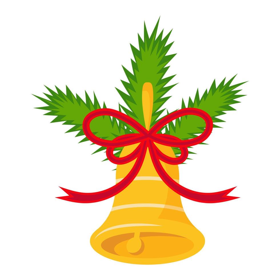 cloche de noël dorée avec des branches d'un arbre de noël et un arc rouge. illustration vectorielle. vecteur
