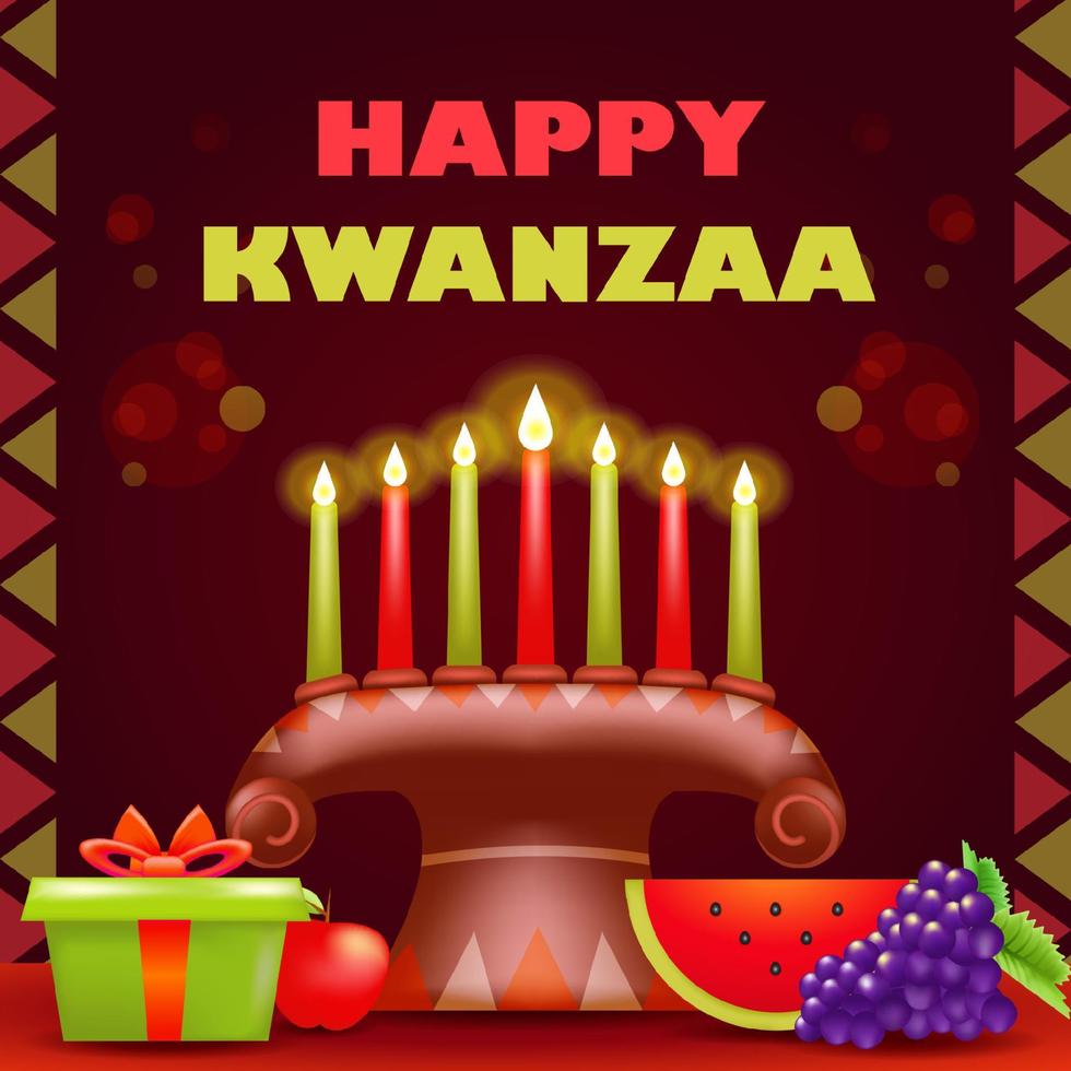 happy kwanzaa, illustration 3d de sept bougies de couleur traditionnelles avec des fruits vecteur