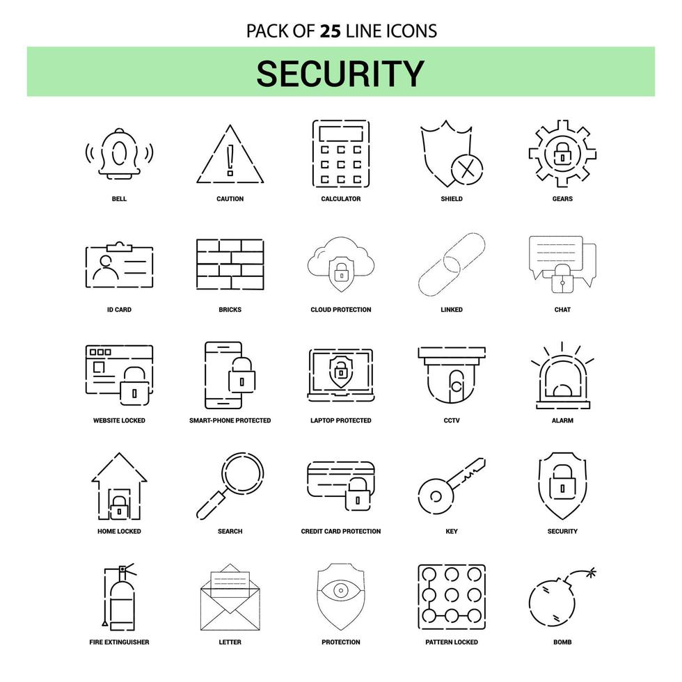 jeu d'icônes de ligne de sécurité 25 style de contour en pointillé vecteur