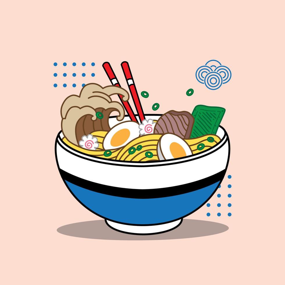 illustration vectorielle de nouilles ramen sur bol et baguettes avec style plat rétro vintage de grande vague. soupe de nouilles japonaises. vecteur