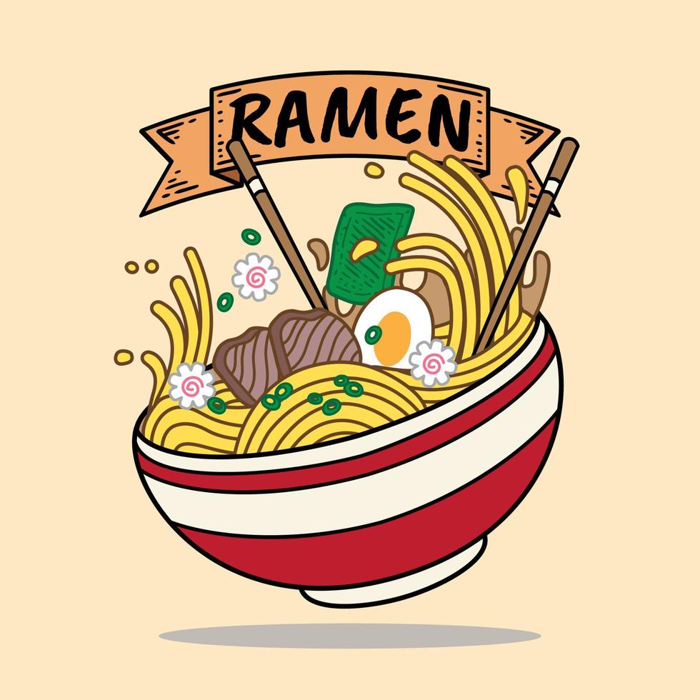 illustration vectorielle de nouilles ramen sur bol et baguettes avec style plat rétro vintage. soupe de nouilles japonaises. vecteur