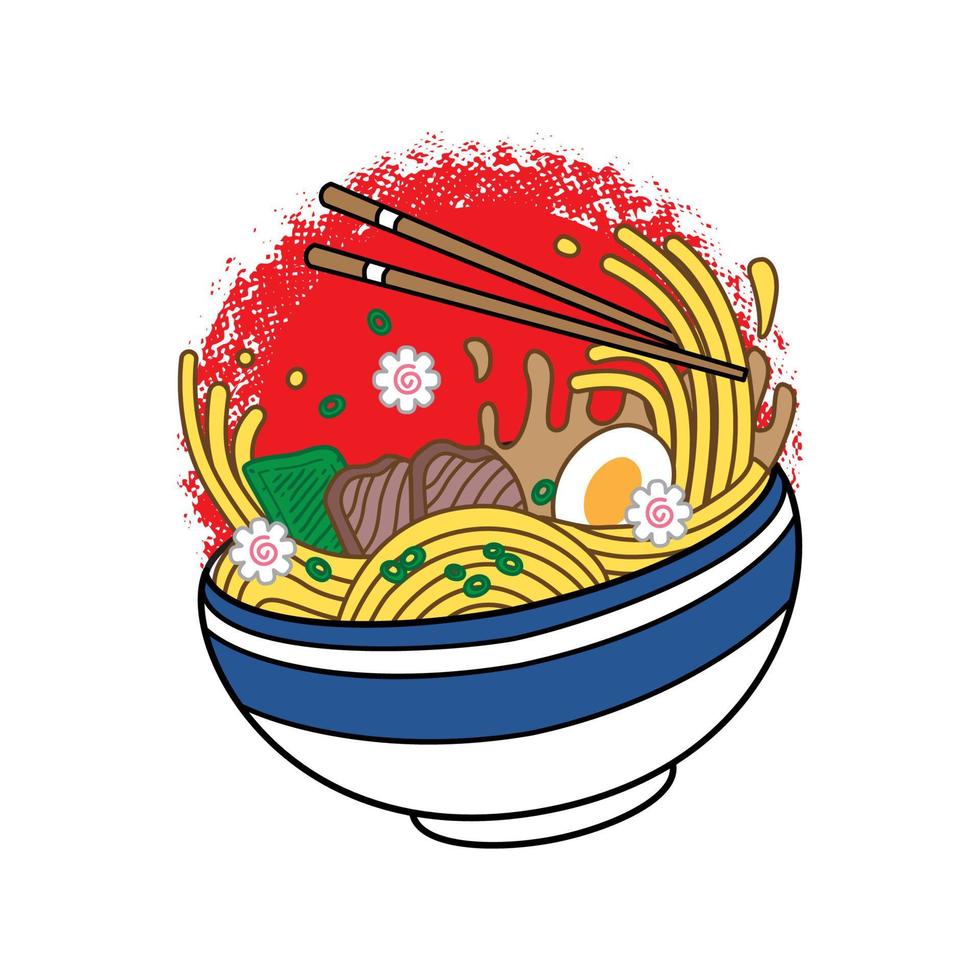 illustration vectorielle de nouilles ramen sur bol et baguettes avec style plat rétro vintage. soupe de nouilles japonaises. vecteur