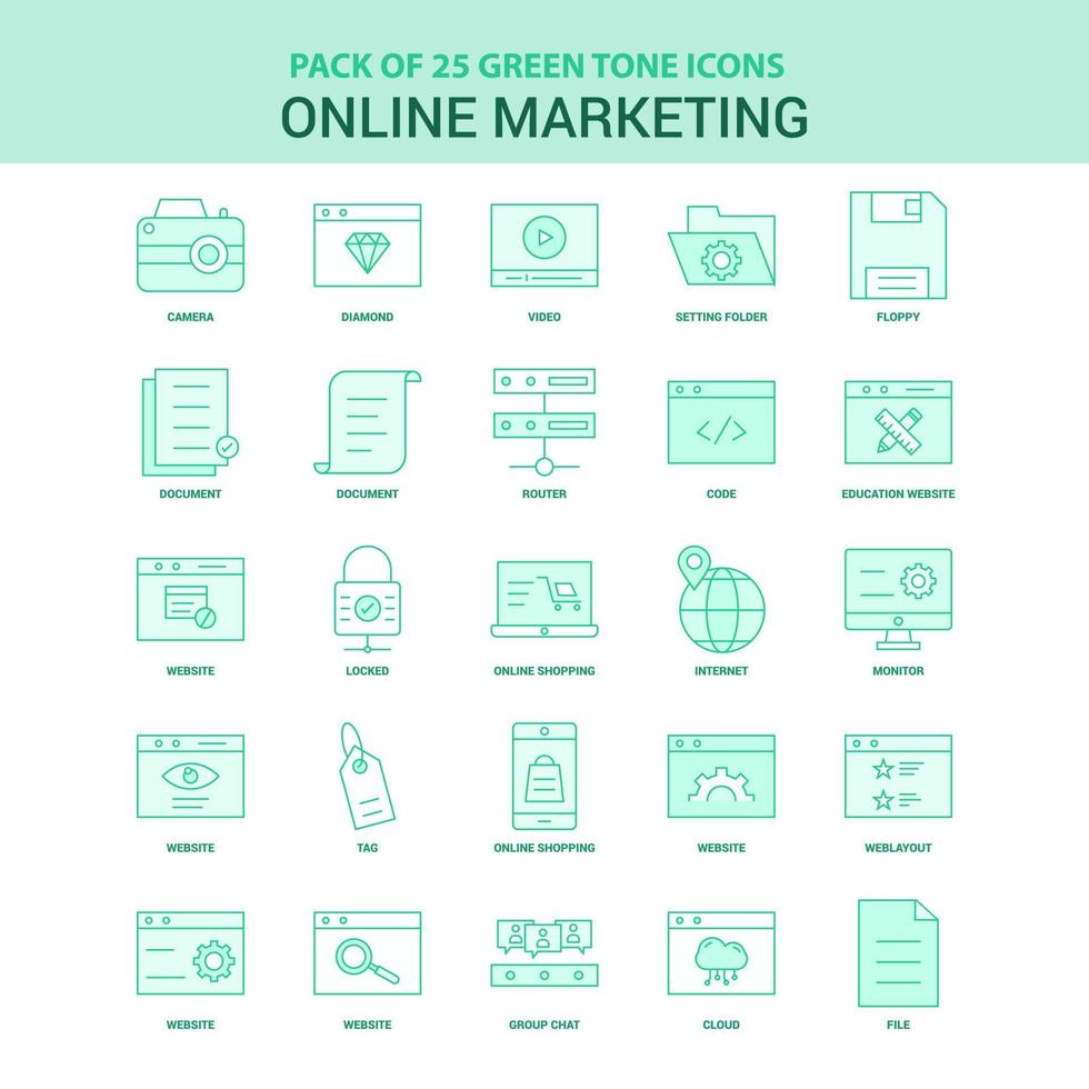 25 jeu d'icônes de marketing en ligne vert vecteur