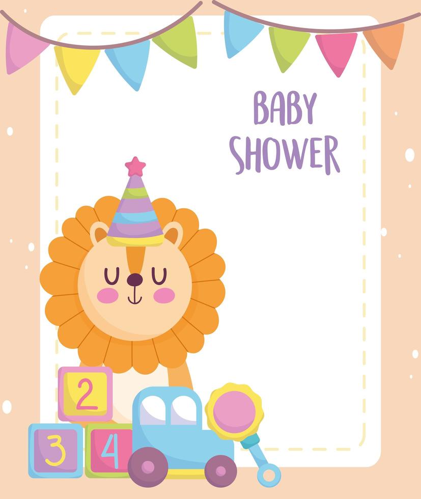 carte de douche de bébé avec un lion mignon et des jouets vecteur