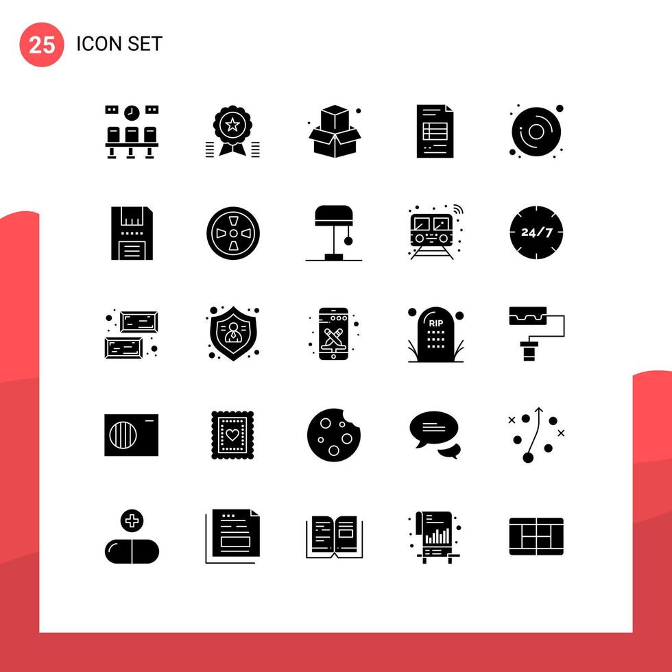 pack d'interface utilisateur de 25 glyphes solides de base d'éléments de conception vectoriels modifiables de rapport d'activité de ruban d'entreprise de disque vecteur