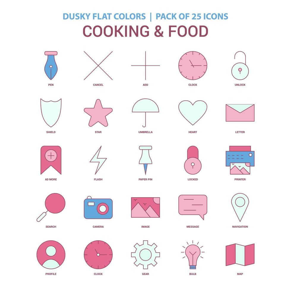 icône de cuisine et de nourriture couleur plate sombre pack d'icônes vintage 25 vecteur