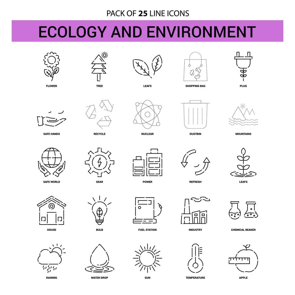 icône de ligne écologie et environnement définie 25 style de contour en pointillé vecteur