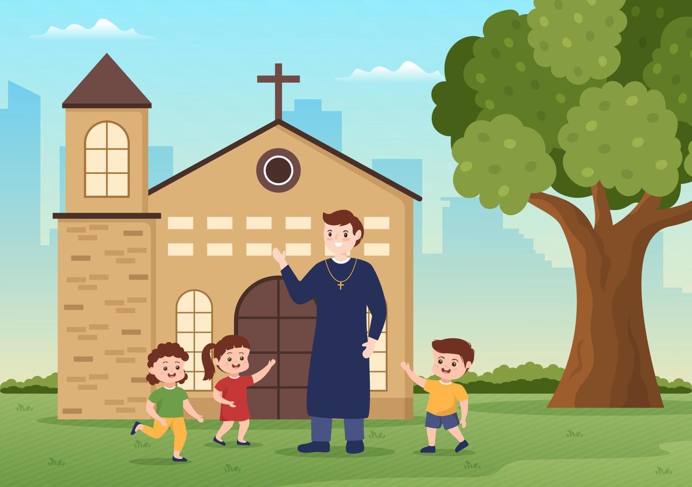 le pasteur joue avec des enfants devant l'église catholique intérieure en dessin animé plat illustration de modèle dessiné à la main vecteur