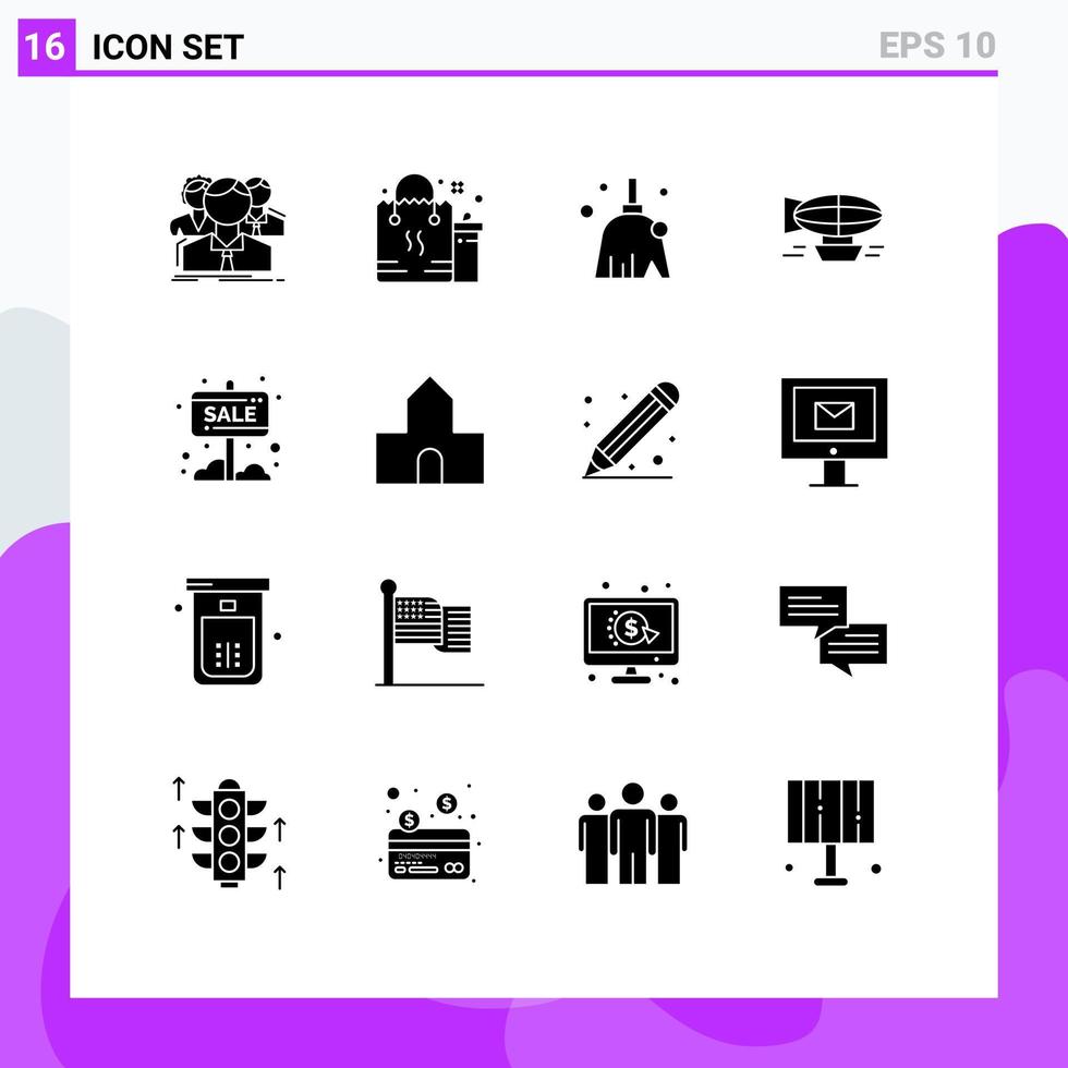 interface mobile glyphe solide ensemble de 16 pictogrammes d'éléments de conception vectoriels modifiables de nettoyage de l'air du paquet de ballon rempli vecteur