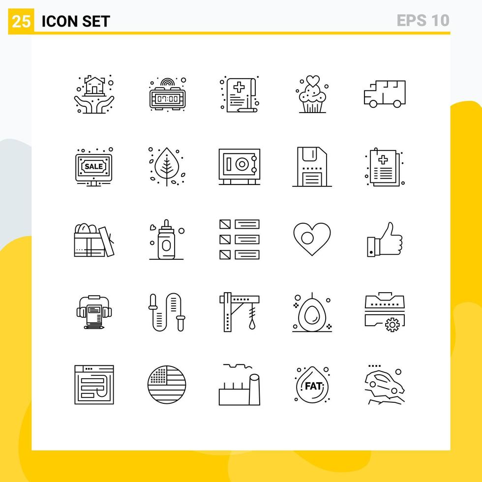 ensemble de pictogrammes de 25 lignes simples d'éléments de conception vectoriels modifiables de gâteau de muffins de santé cuits au four par bus vecteur