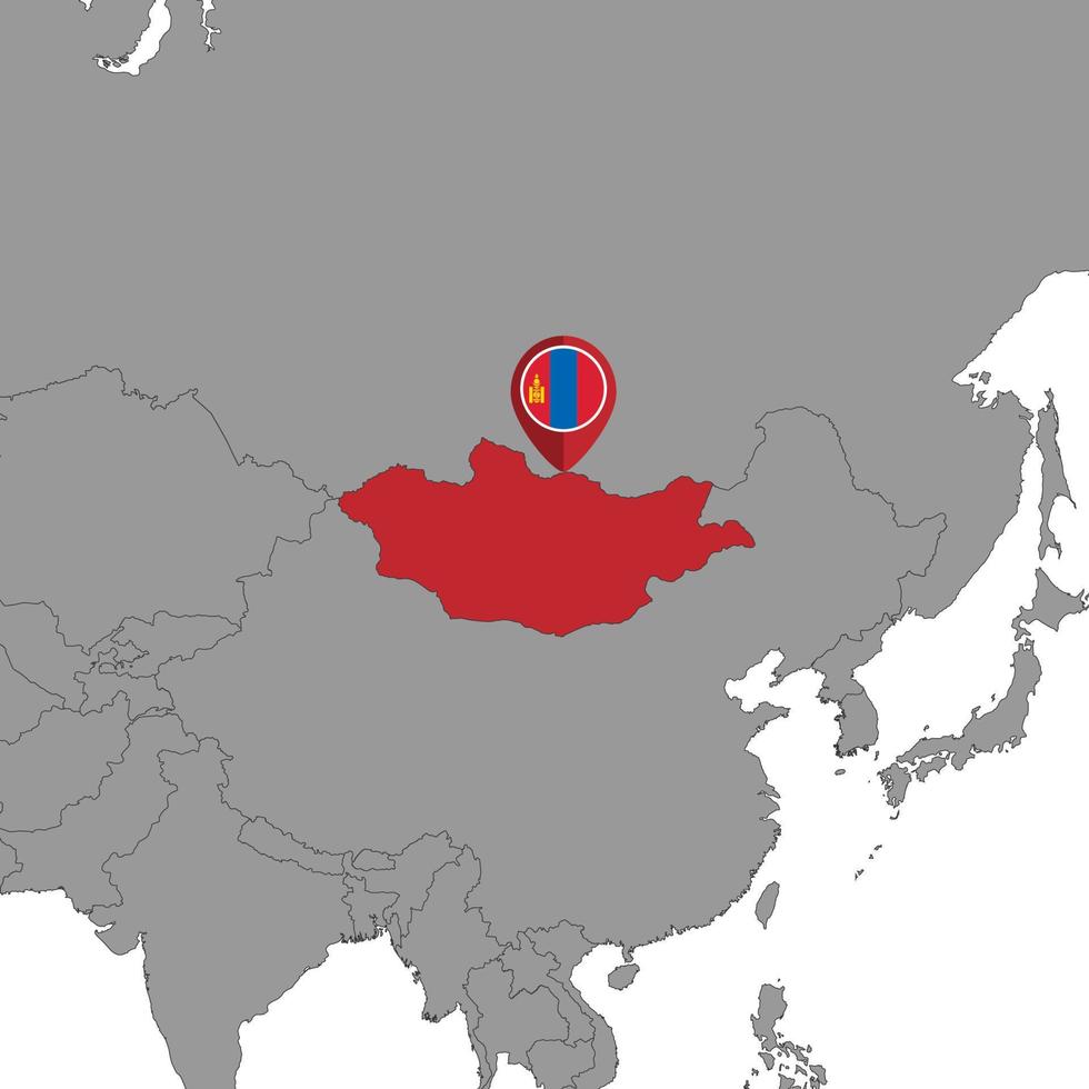épinglez la carte avec le drapeau de la mongolie sur la carte du monde. illustration vectorielle. vecteur