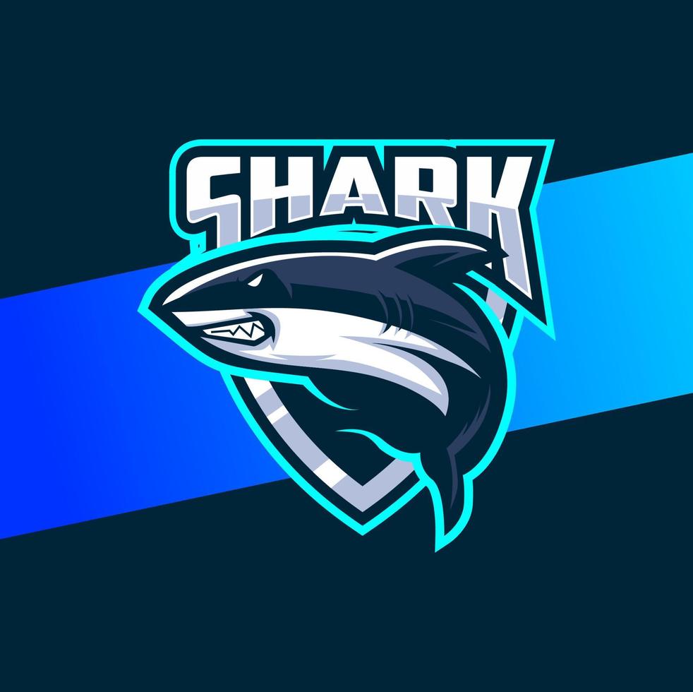 création de logo de personnage de mascotte de requin fou agressif avec badge pour jeu de sport vecteur