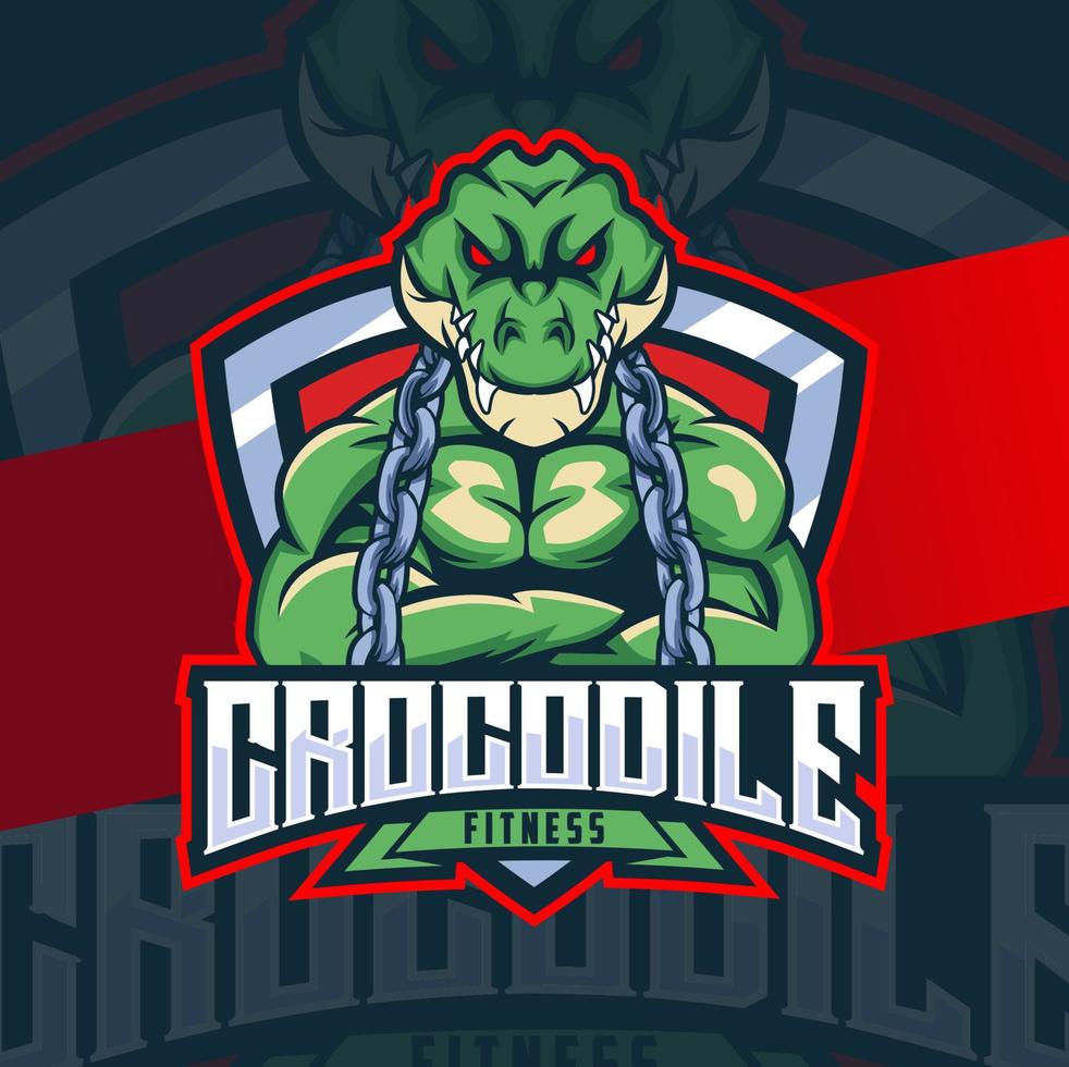 conception de personnage de mascotte de crocodile fitness avec insigne musculaire et chaîne vecteur