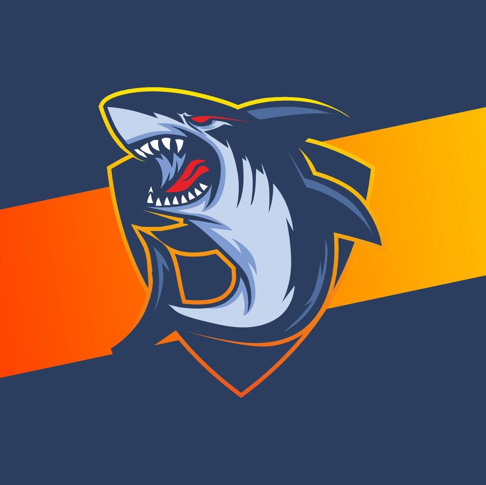 création de logo de personnage de mascotte de requin fou agressif avec badge pour jeu de sport vecteur