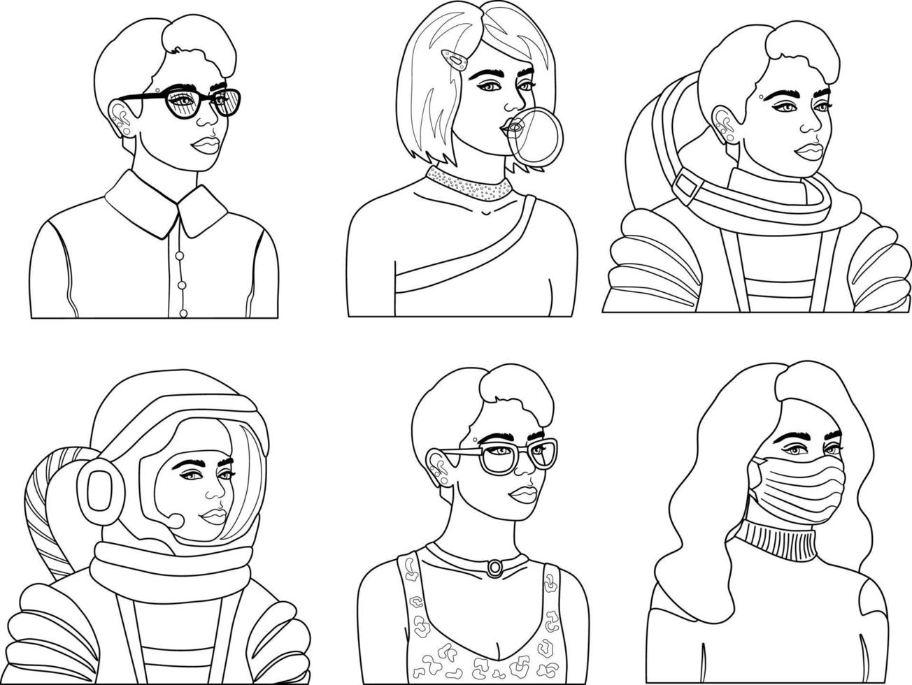 un ensemble d'avatars féminins dans un style linéaire simple. un concept d'égalité des femmes. avatars à la mode pour les médias sociaux. différentes professions, style de vie moderne à travers le point de vue des filles. vecteur