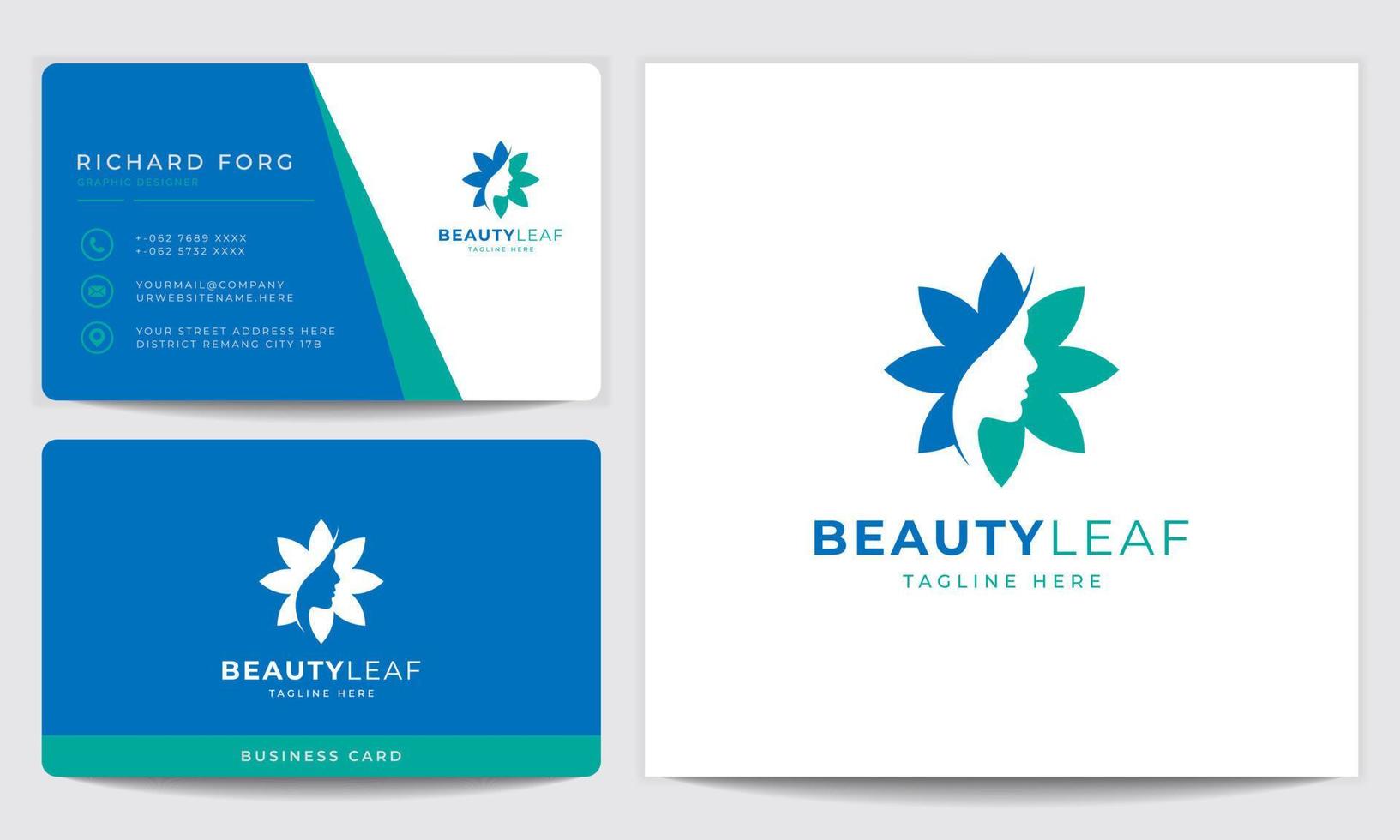 les femmes de beauté font face au logo de la feuille et à la conception de cartes de visite pour le spa, l'identité, le bien-être, la santé, la médecine ou la science vecteur