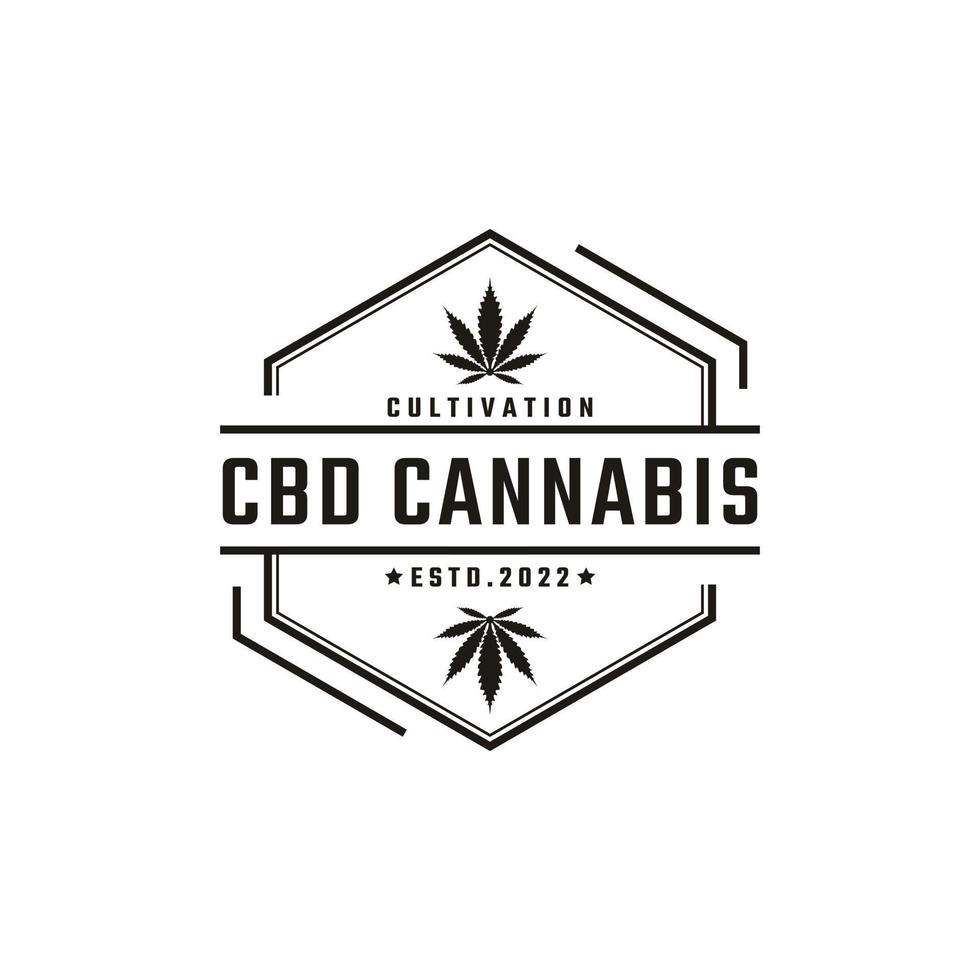 emblème de badge rétro vintage cannabis marijuana chanvre rectangle logo design style linéaire vecteur